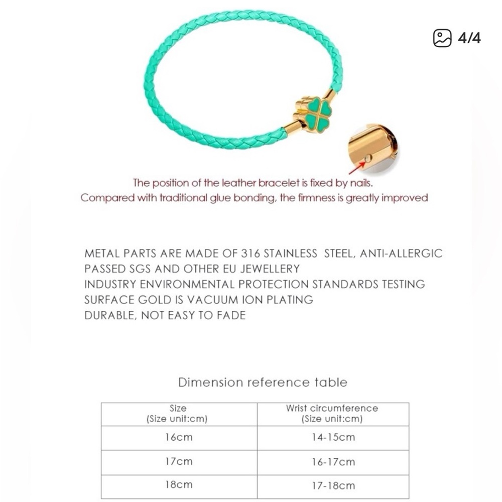 Genuine Woven Leather and Stainless Steel Four
Leaf Clover Charm Bracelet - Picture 4 of 8